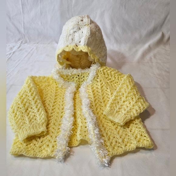 Hand Crafted Cardigan Crochet knit Set Yellow & white mesh lace knitting stitch - Picture 10 of 17